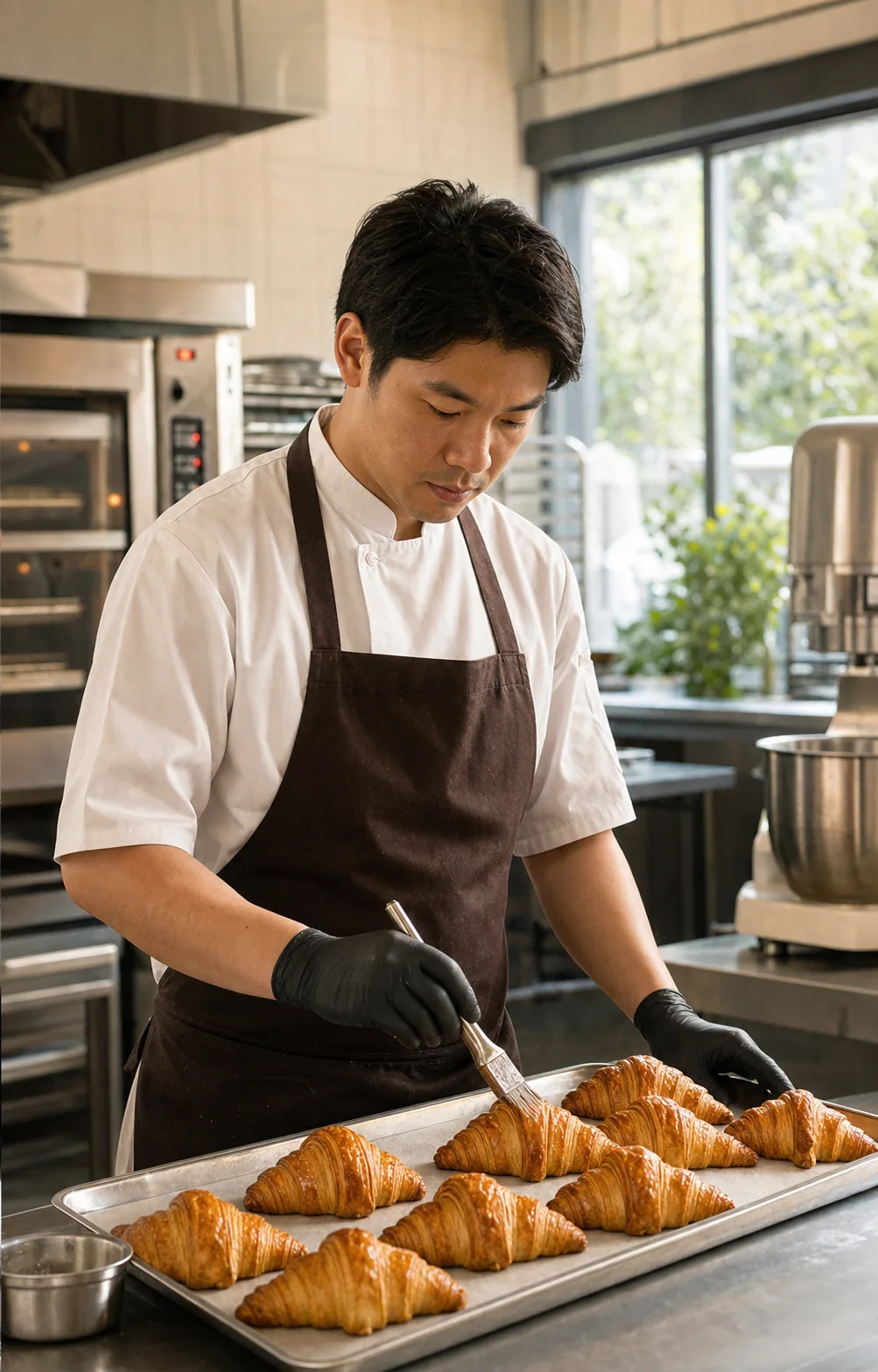 เชฟกำลังเตรียมครัวซองต์ในครัวของ 357 Baking Studio